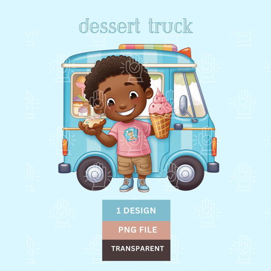Dessert Party Clip Art, Little Black Boy and Ice Cream Truck, Brown Kid Decor PNG, Dessert Decor Clipart, Toddler, Sweets Kids Birthday