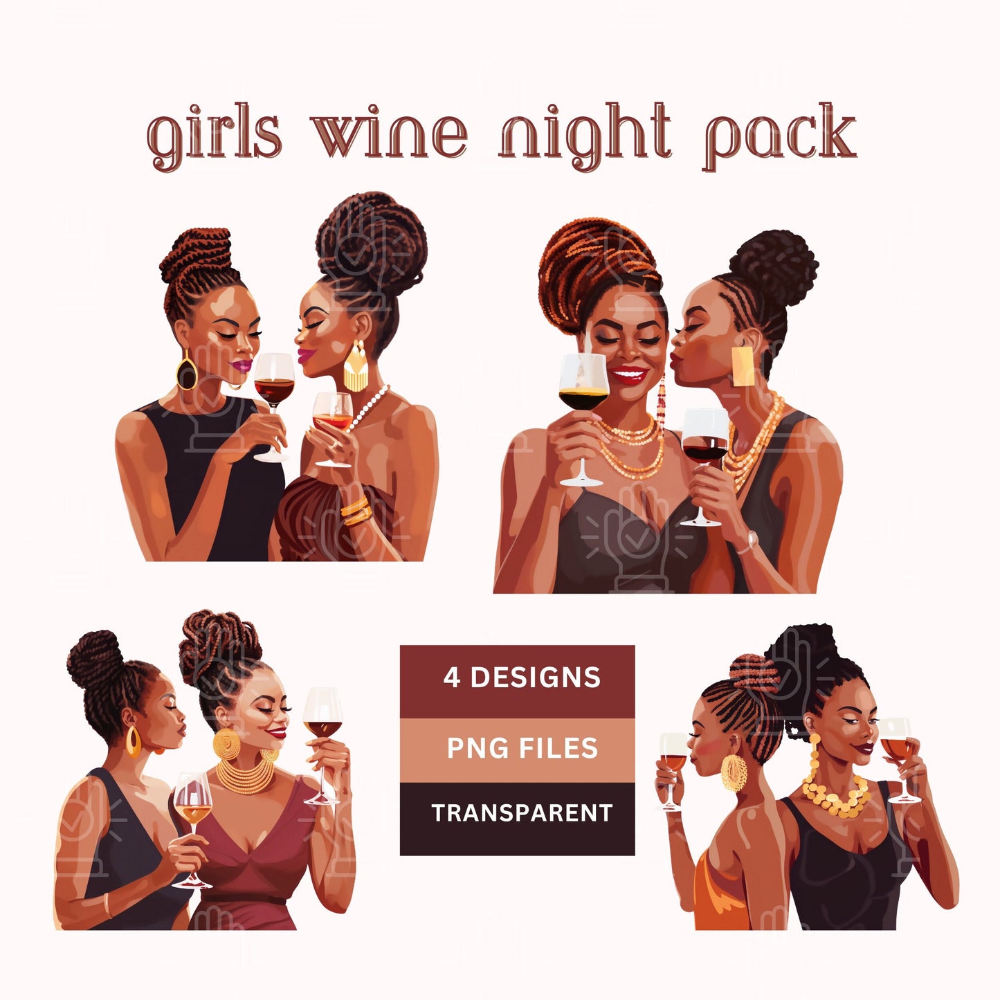 Girls night out Clip Art,  Black Women With Wine Clipart, PNG, braids, night out, chill clip art, decor for friends link up, Woman Unwined
