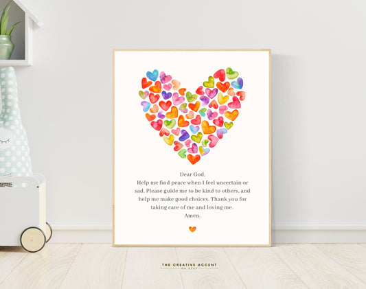 Kids Prayer Printable Art: Dear God Wall Art, Watercolor Hearts, Nursery, Colorful Playroom Decor for Girls, Instant Download