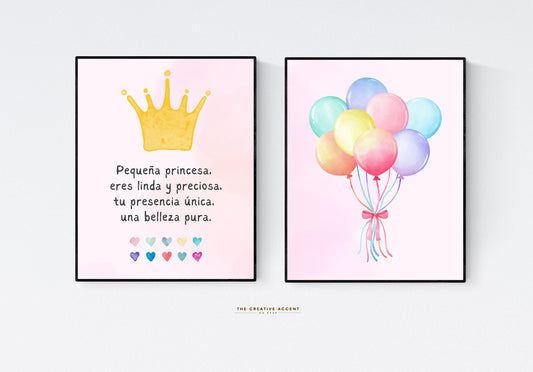 Spanish Girls Wall Art: Pequeña Princesa Poem, 2 Set, Watercolor Crown, Hearts, Balloons Poster, Princess Colorful Decor, Kids Playroom