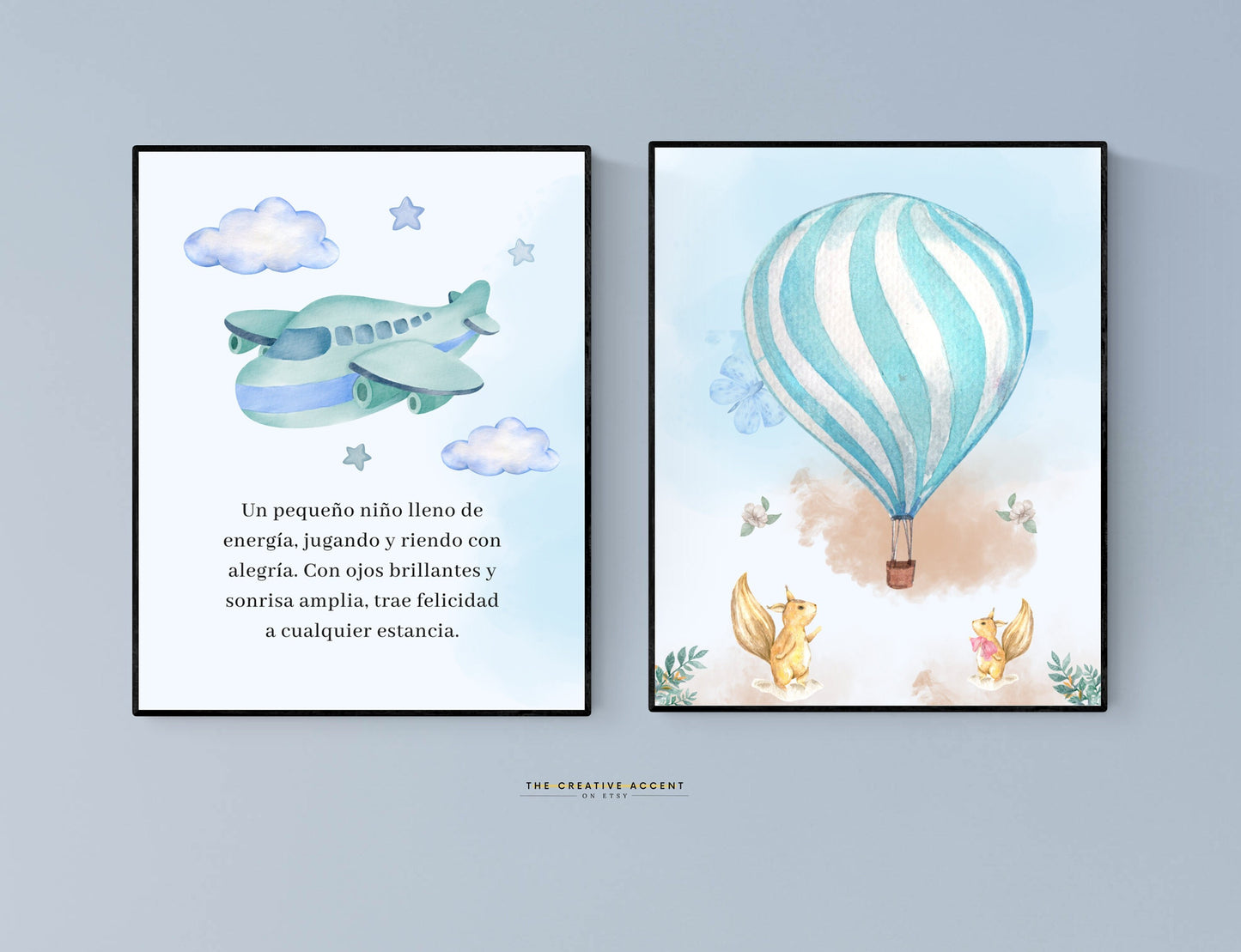 Spanish Boys Printable Art: Poem, 2 Set, Watercolor Airplane, Hot Air Balloon, Bunny Poster, Wall Decor, Kids Playroom, Instant Download
