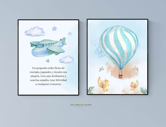 Spanish Boys Printable Art: Poem, 2 Set, Watercolor Airplane, Hot Air Balloon, Bunny Poster, Wall Decor, Kids Playroom, Instant Download