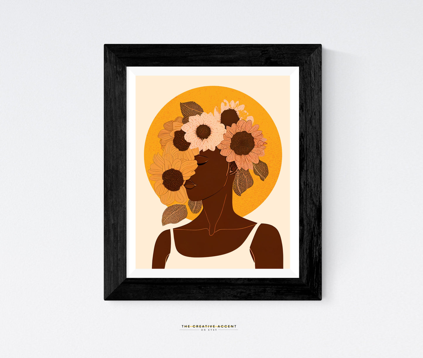 Black Woman Floral Head Printable, head of yellow sunflowers wall art, African American art, black art, Black girl Flower, Sun decor