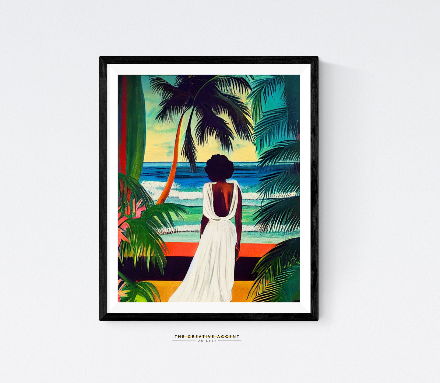 Black Woman - "Tropical Nostalgia" in Caribbean, Beach wall art, Black Painting, Afro-centric, woman in white dress, Afro Hair, Natural Art