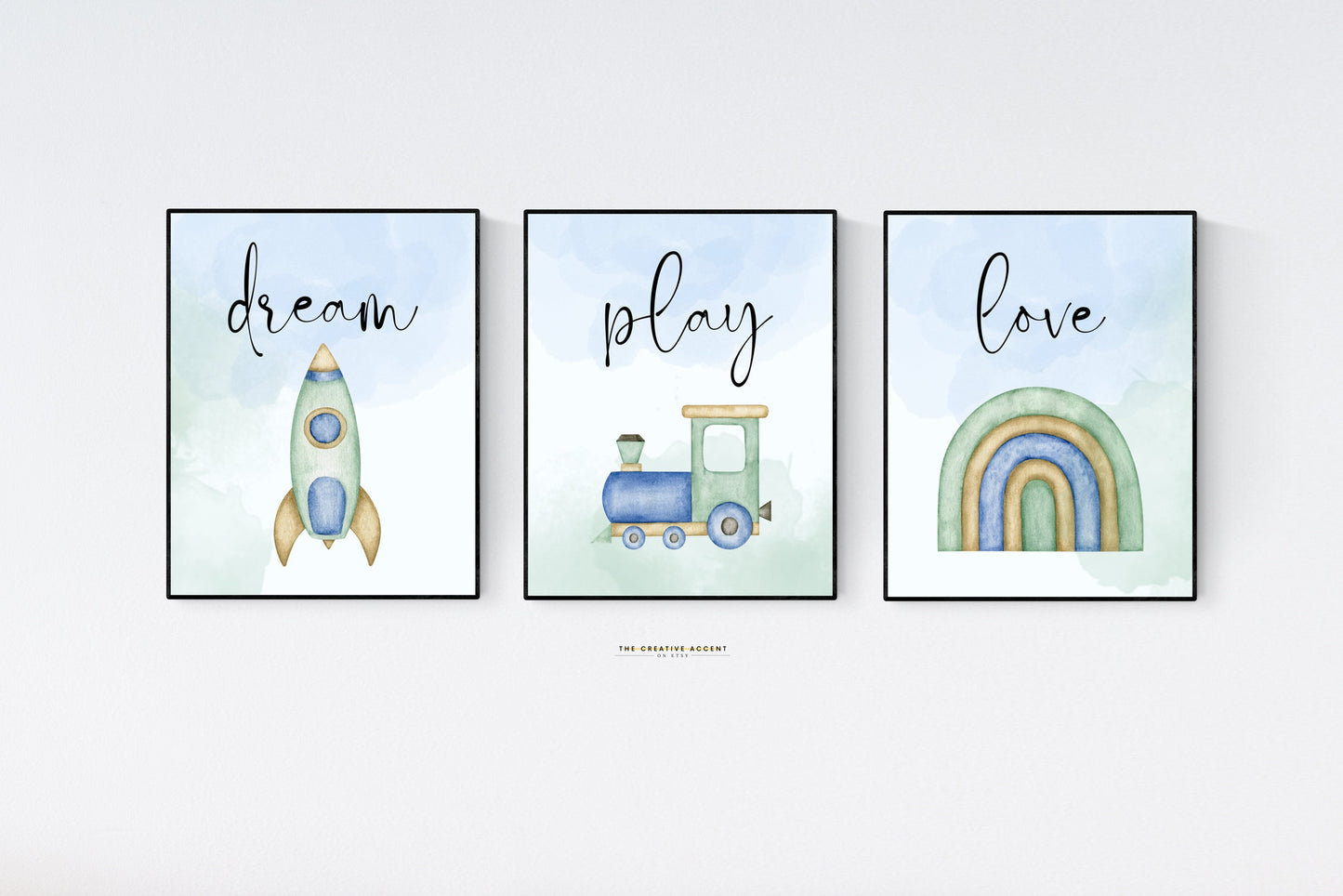 Dream, play, love, 3 set kids wall art, Printable, blue watercolor decor, Rocket, train, Rainbow, Little boy room, playroom poster