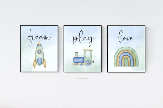 Dream, play, love, 3 set kids wall art, Printable, blue watercolor decor, Rocket, train, Rainbow, Little boy room, playroom poster