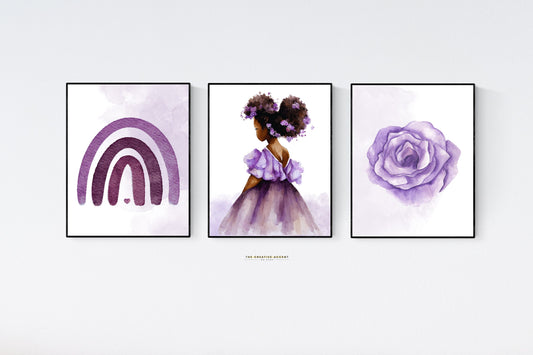 Black Girl Lavender: 3 Set Printable Afro Hair Wall Art, Brown little girl painting in Dress, Flower Decor, Rainbow, Heart Poster
