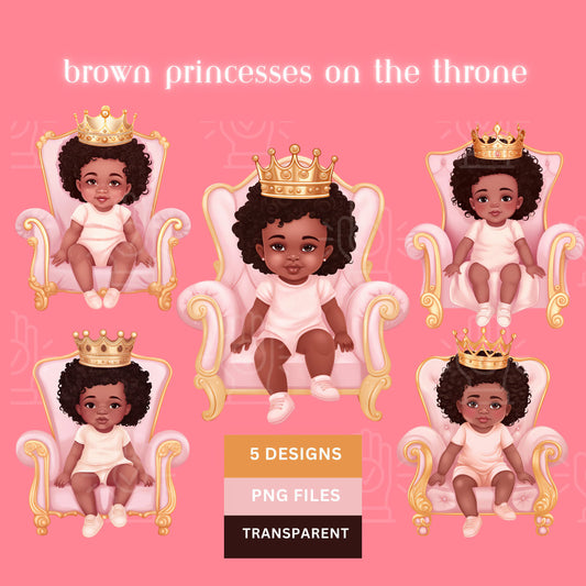 Black Baby Girl on Pink Throne Chair Clipart, 5 PNG Files, Baby Shower clipart,