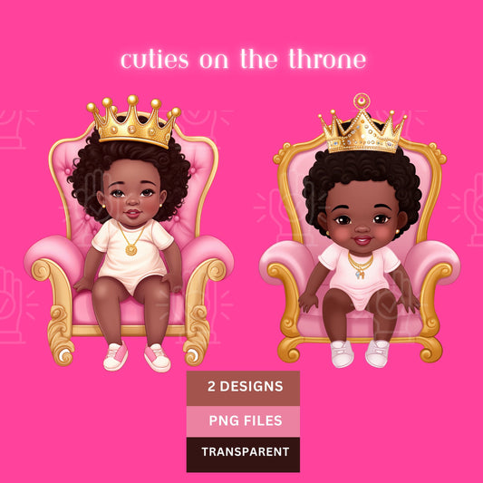 Black Baby Girl Baby Shower clipart, Princess Clip Art, Little Girl with Crown on Throne Chair, Gender Reveal, PNG, Hot Pink Theme, Afro