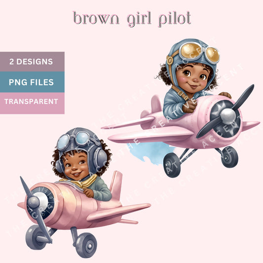 Black Girl Pilot Clip Art, Baby Shower, Birthday Theme Decor, Brown Baby in Airplane PNG, Adventure Clipart, Toddler, Pink, Gender Reveal