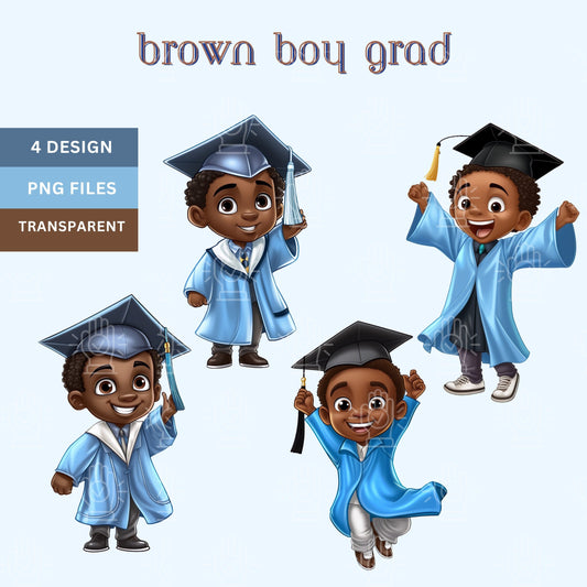 Little Black Boy Graduate in Blue Clipart, 4 PNG Files