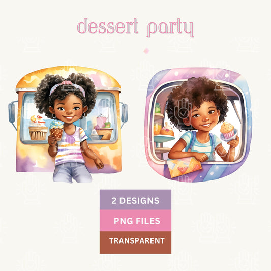 Dessert Birthday Clip Art, Little Black Girl In Ice Cream Truck, Brown Kid Decor PNG, Dessert Decor Clipart, Toddler, Sundae, Kids, Sweets