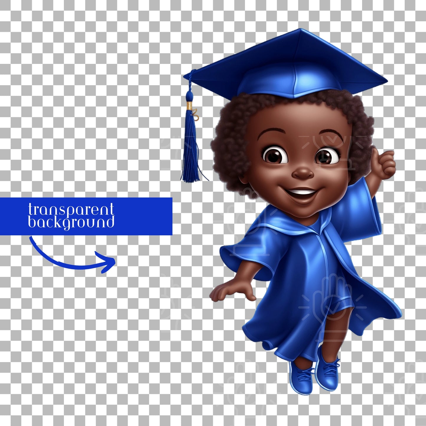 Little Black Girl Graduate, Graduation Party Clip Art, Brown Kids PNG, Royal Blue Cap and Gown Clipart, Toddler, Kindergarten, Pre-school