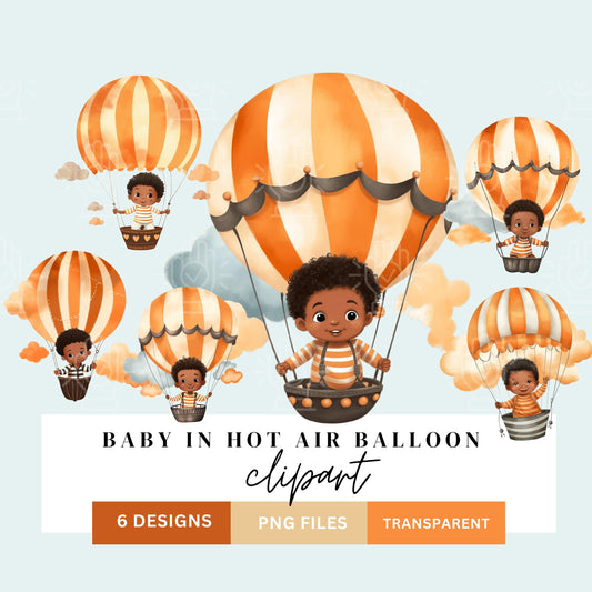 Black Baby Travel Baby Shower Clipart, Black baby in Hot Air Balloon, Adventurer Clip Art, 6 PNG