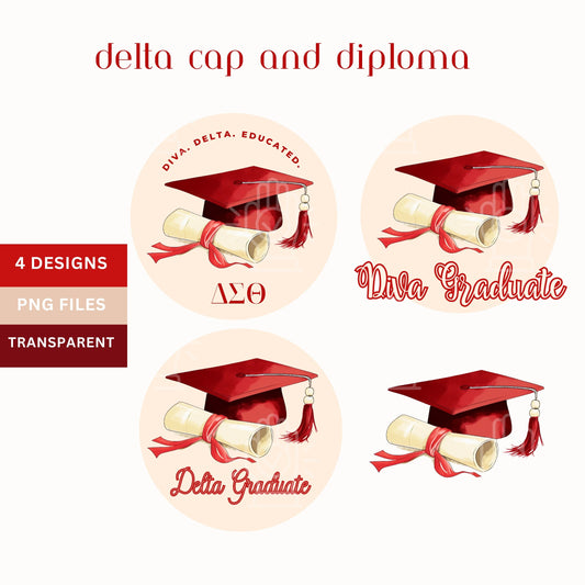 Delta Graduation PNG, Crimson Red and Cream Delta Sigma Theta Colors, DST Clipart Decor, Cap & Diploma, Sorority Clip Art, Graduate Party
