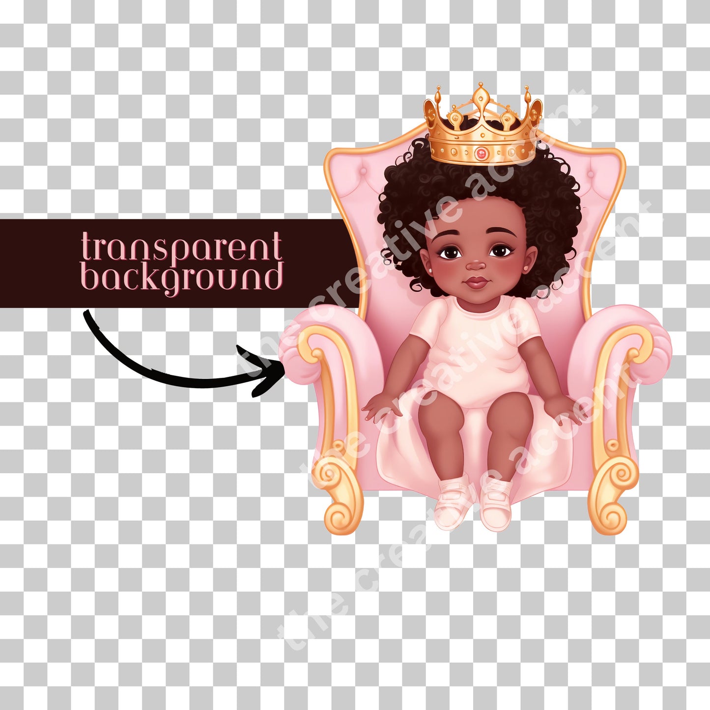 Black Baby Girl on Pink Throne Chair Clipart, 5 PNG Files, Baby Shower clipart,