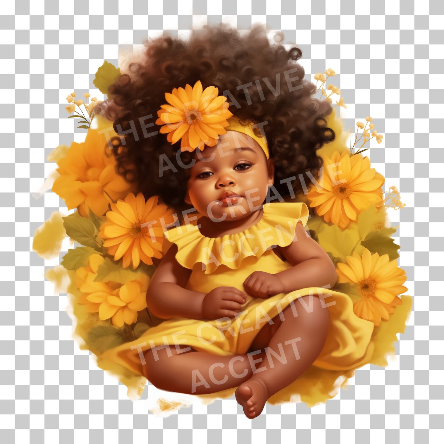 Sunflower Baby Shower Clipart, 3 PNG Files, Black Mixed Race Baby