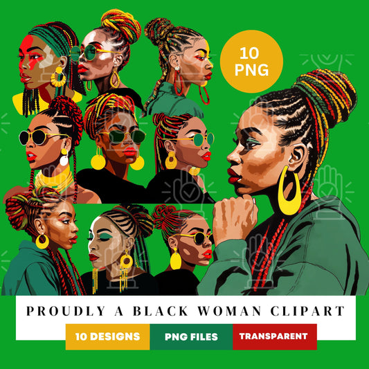 Black Woman Juneteenth Clipart, 10 PNG, Woman Bundle PNG, African American, Red, Green & Yellow, girl with Braids, Salon Stylist Hairstyle