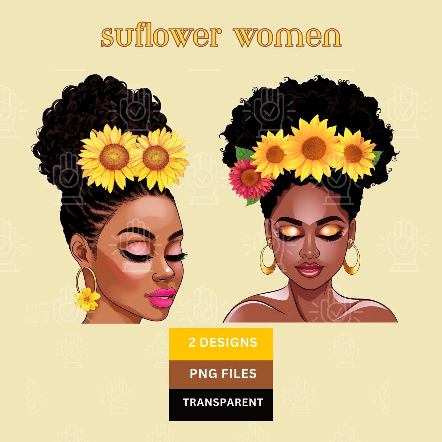 Black Woman Clipart, Natural Hair with Sunflowers, 2 PNG, Braids