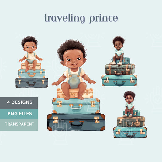 Black Baby Travel Baby Shower, Adventure Clipart, Oh, the places you’ll go Theme , Brown Boy on Suitcases PNG, Toddler World Explorer, Blue