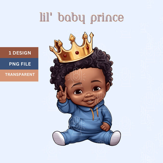 Black Baby Prince Baby Shower Clipart, Little Black Boy with Gold Crown, Blue King Theme Decor PNG, African-American, Toddler Birthday