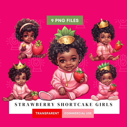 Strawberry Baby Shower Clipart , Black Baby Princess 9 PNG, Pink Green Theme, Little Black Girl Gold Crown, African American Gender Reveal