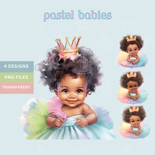 Pastel Baby Clipart, Black Baby in Tutu Clipart, Little Princess Clip Art, Black Girl with Crown PNG, natural hair, baby shower pastel theme