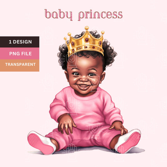 Little Black Girl Princess Baby Shower Clipart, Watercolor, Baby Queen Decor PNG, African American Clip Art, Pink Theme Gender Reveal, Crown