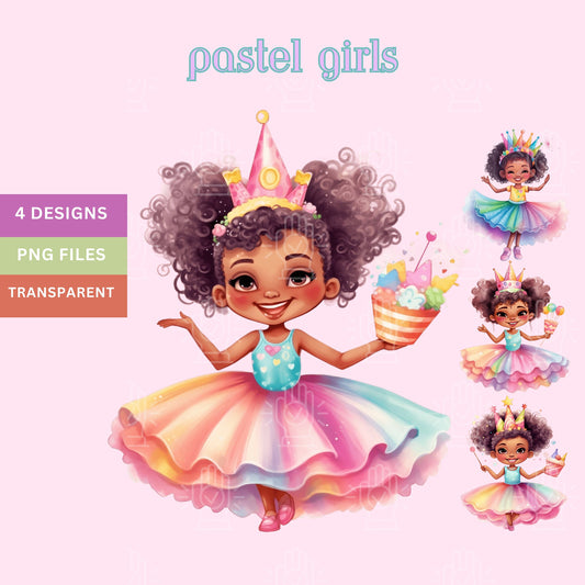 Little Black Girl in Pastel Dress Clipart, Tutu Clip art, Little Princess, Kid Crown PNG, natural hair, baby shower, Birthday pastel theme
