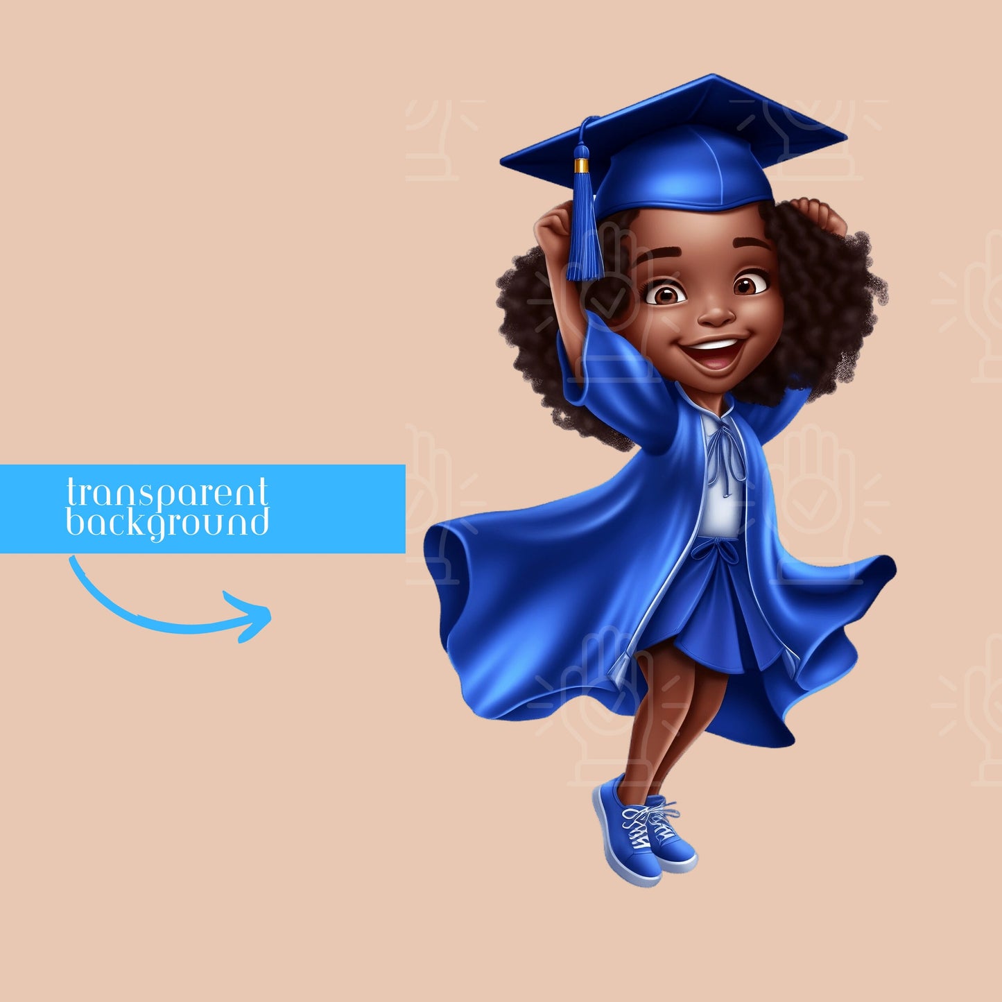 Little Black Girl Graduate, Graduation Party Clip Art, Brown Kids PNG, Royal Blue Cap and Gown Clipart, Toddler, Kindergarten, Pre-school