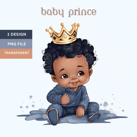 Little Black Boy Prince Baby Shower Clip Art, Watercolor, Baby King Decor PNG, African-American Clipart, Toddler Birthday, Navy Blue Theme