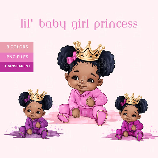 Black Baby Girl Princess, Baby Shower Clipart, Little Urban Queen Decor PNG, Pink, Purple, Fuchsia Sweatsuit Gender Reveal, Crown