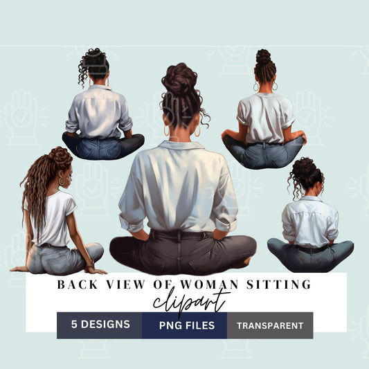 Woman Sitting Clipart, Back View of Black Women, African-American Female PNG, Braids, Locs, Jeans, Backview, Soft Illustration, Sublimation