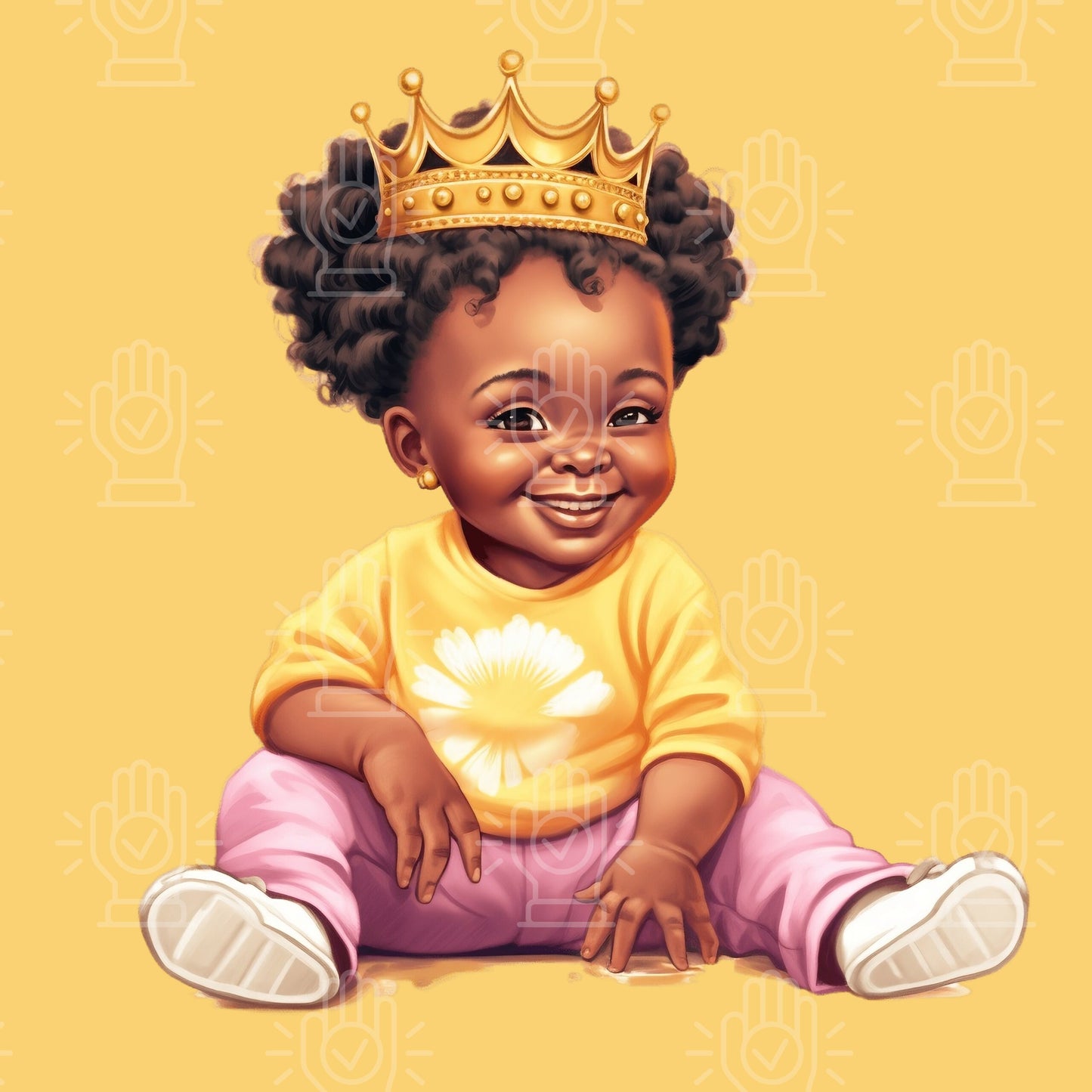 Black Toddler Princess in Pink and Yellow, Clipart, Little Baby Girl with Crown PNG bundle, Sunflower theme watercolor, baby shower