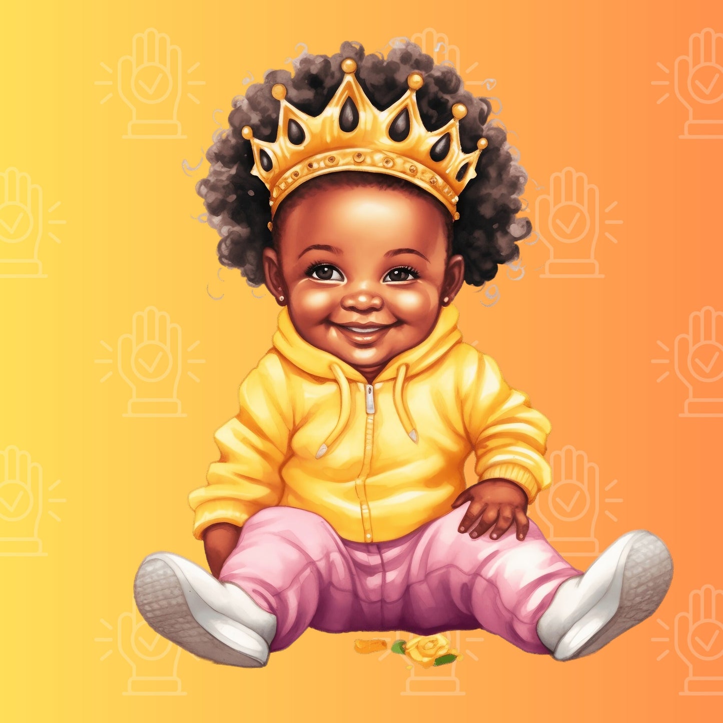 Black Toddler Princess in Pink and Yellow, Clipart, Little Baby Girl with Crown PNG bundle, Sunflower theme watercolor, baby shower