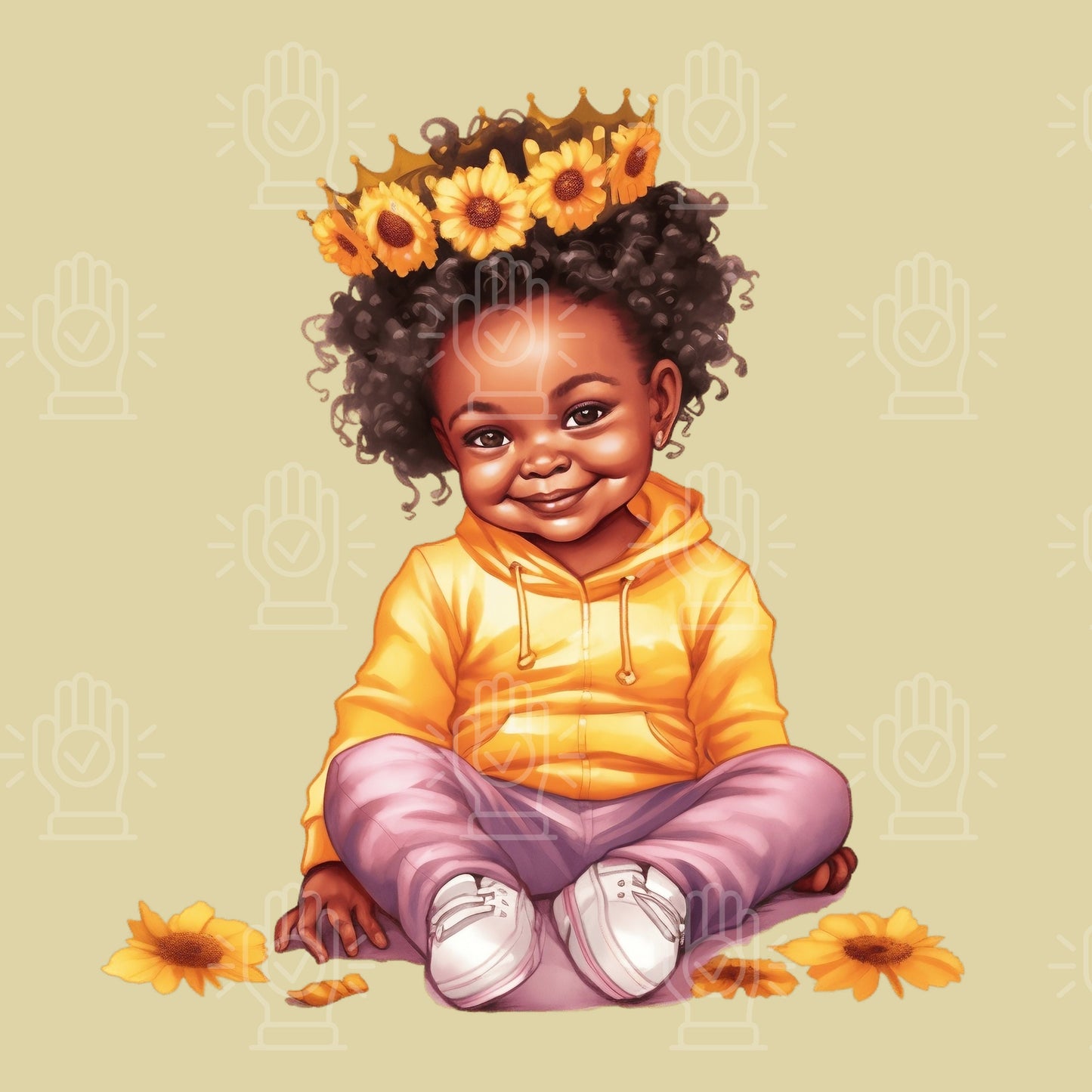 Black Toddler Princess in Pink and Yellow, Clipart, Little Baby Girl with Crown PNG bundle, Sunflower theme watercolor, baby shower