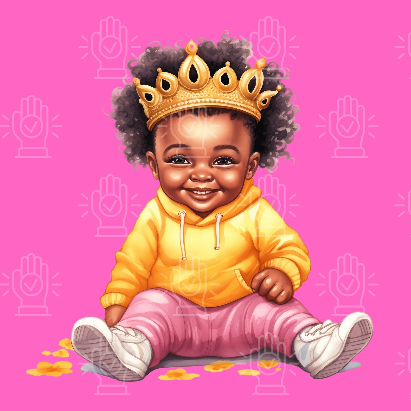Black Toddler Princess in Pink and Yellow, Clipart, Little Baby Girl with Crown PNG bundle, Sunflower theme watercolor, baby shower