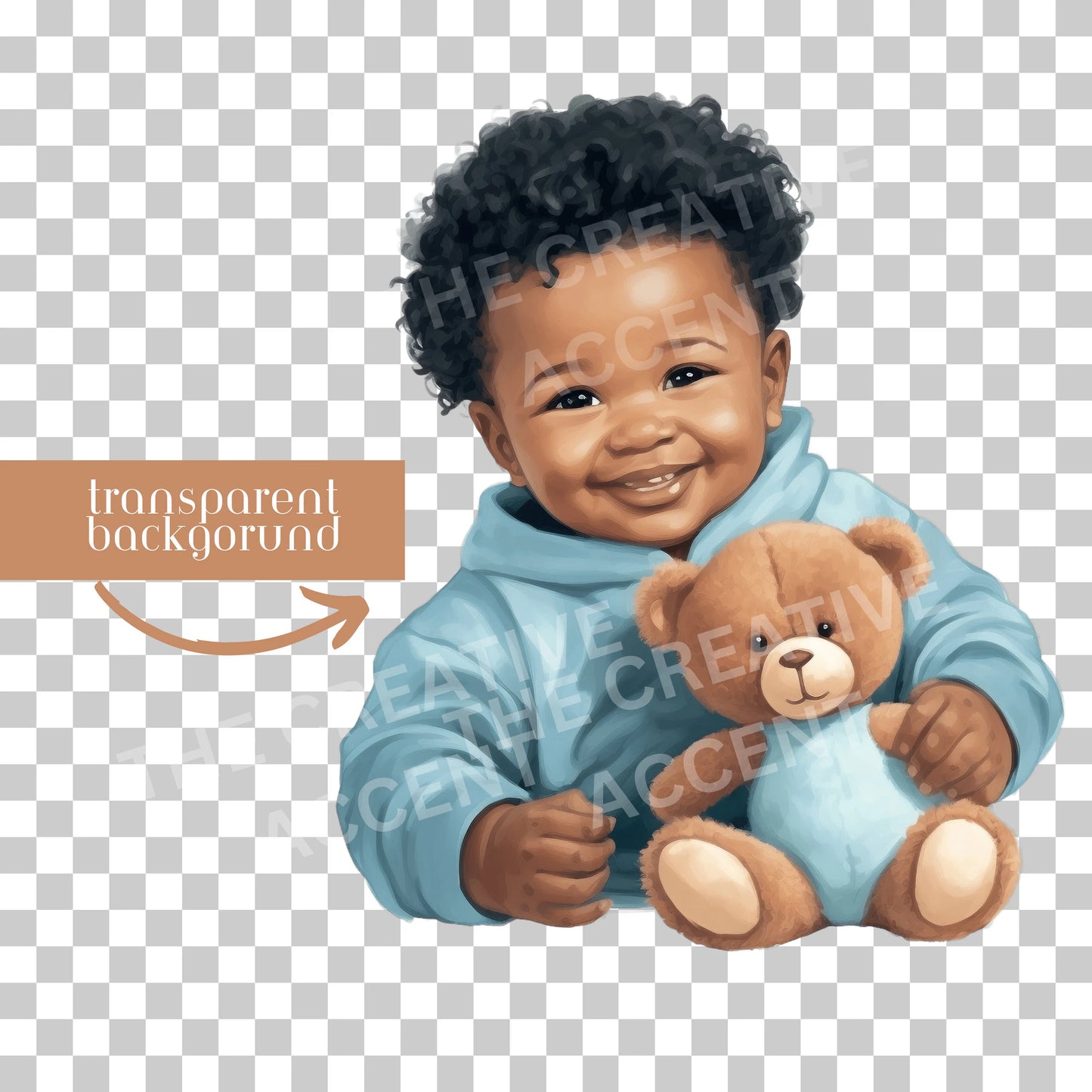 Little Black Baby Boy with Teddy Bear Clipart 6 PNG Files, Light Blue Prince