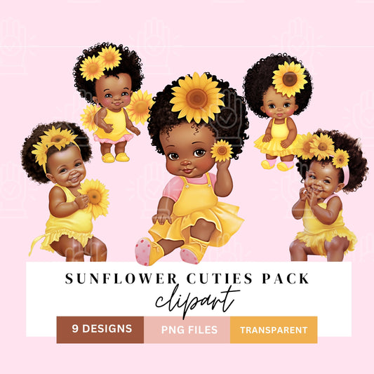 Sunflower Cute Baby Girl, Little Black Girl, Pink Yellow, Flower Theme, Newborn Infant clipart, Sunflower Baby Shower, Gender Reveal, 9 PNG