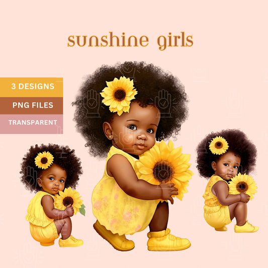 Sunflower Black Baby Girl Clipart, Little Girl Sunshine, Yellow Flower Theme, Newborn Infant clip art, Baby Shower, Gender Reveal PNG