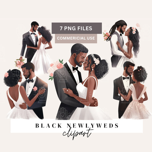 Black Wedding Clipart, Black Newlywed Couple Clip art, Newlyweds PNG, Engagement Dinner, Celebration, African -American Bride and Groom