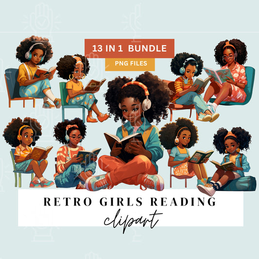 Retro Black Girl Reading Clipart, Studying, 13 PNG bundle, Reading, Sitting, Young Woman illustration, School, Writing, natural teen, Afro