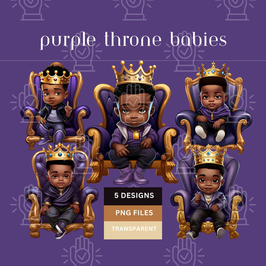 Little Black Boy, Baby Prince in Purple and Gold Baby Shower Clipart, Royal Purple Throne, Baby King Gold Crown, Birthday, Gender Reveal
