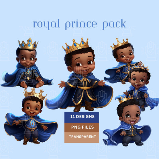 Royal Blue Black Baby Prince Clipart, Brown Boy with Gold Crown, Afro Baby King PNG, African-American, Toddler Birthday, Gender Reveal