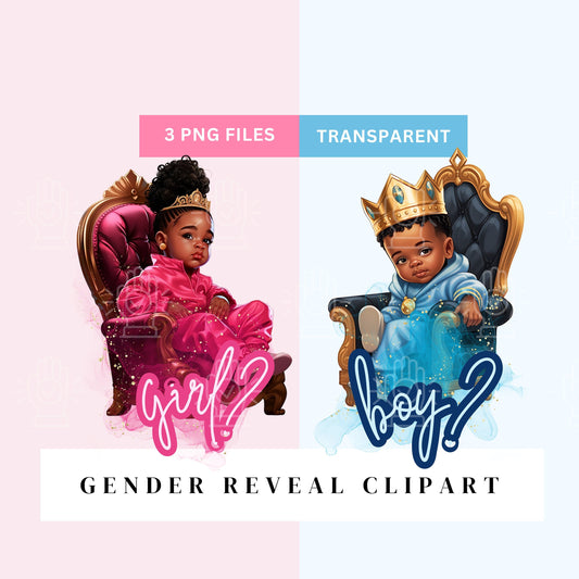 Black Gender Reveal Clipart, Royal Little Black Boy Prince & Little Black Baby Girl Princess on Gold Throne with Crown, Baby Shower, PNG