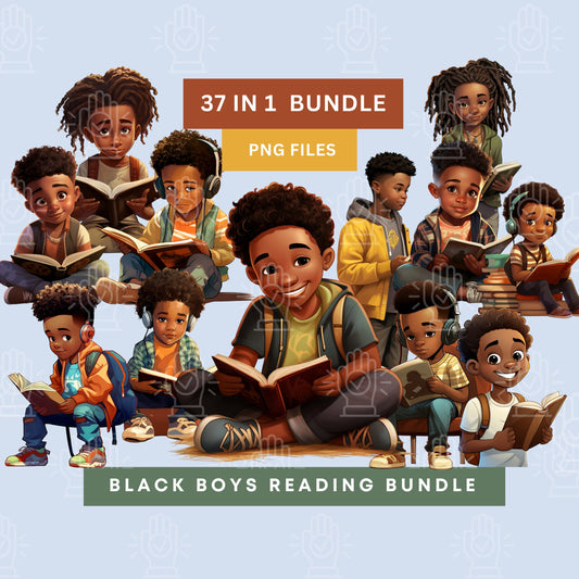 Black Boy Reading Clipart, 37 PNG Bundle, Afro, Children's Book Illustration, Little Boys, Smart, Kids Reading, School, Studying, Cartoon