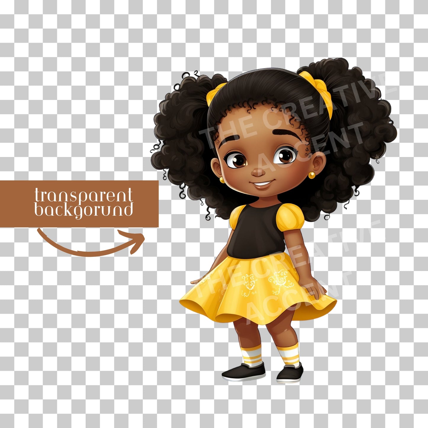 Cute Black Girl in Yellow Black and White Dress Clipart, 10 PNG, Cartoon Illustration, Little Girl, Children's Book Character, Afro American