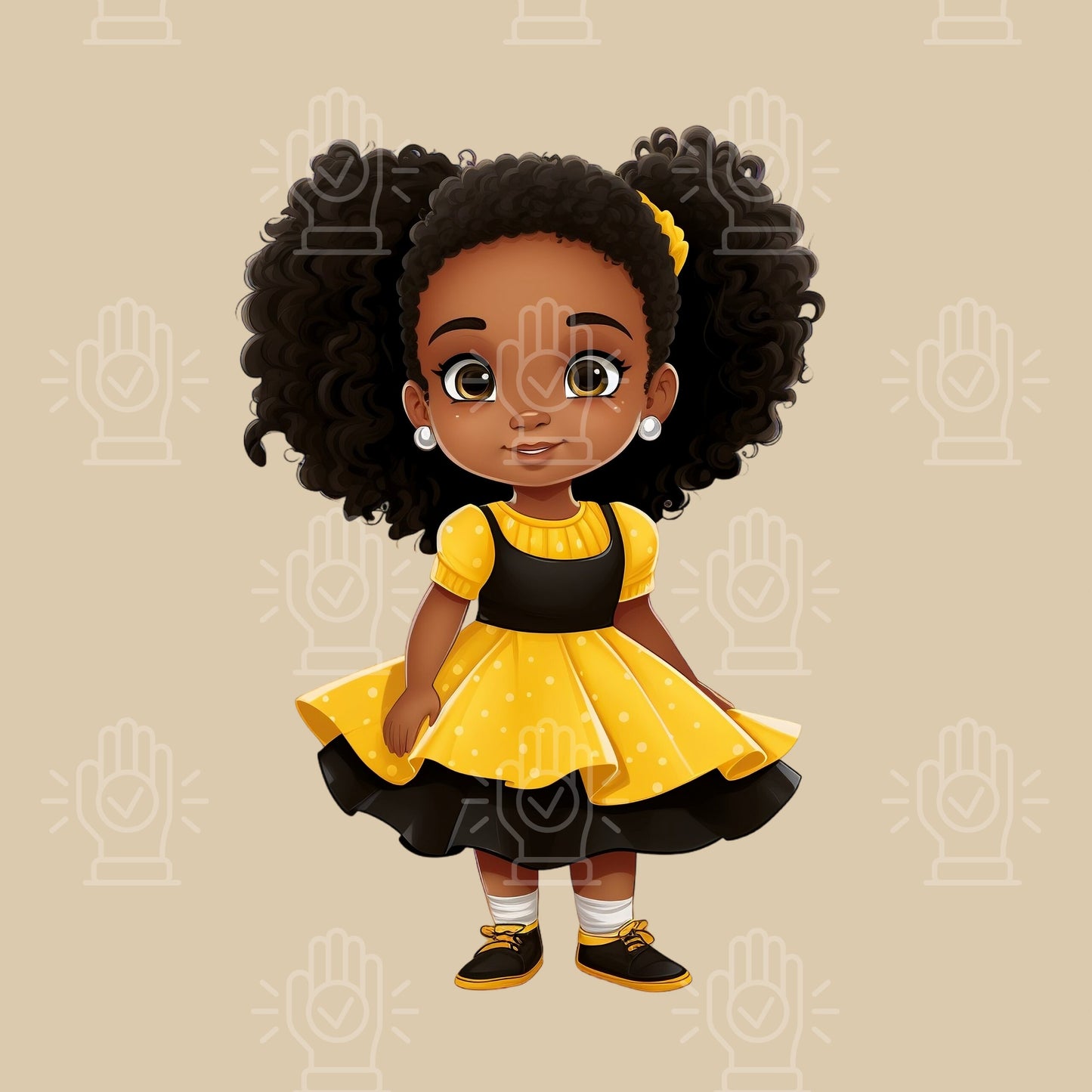 Cute Black Girl in Yellow Black and White Dress Clipart, 10 PNG, Cartoon Illustration, Little Girl, Children's Book Character, Afro American