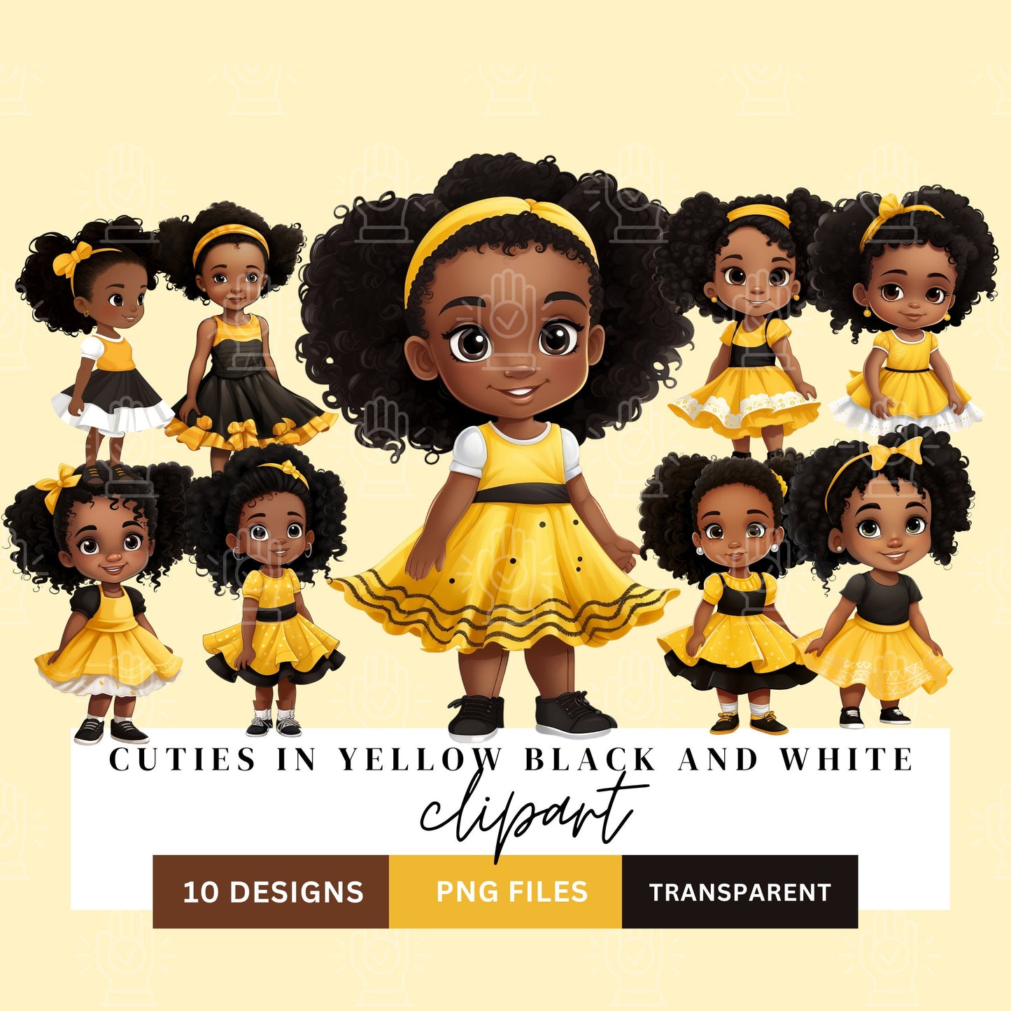 Cute Black Girl in Yellow Black and White Dress Clipart, 10 PNG, Cartoon Illustration, Little Girl, Children's Book Character, Afro American