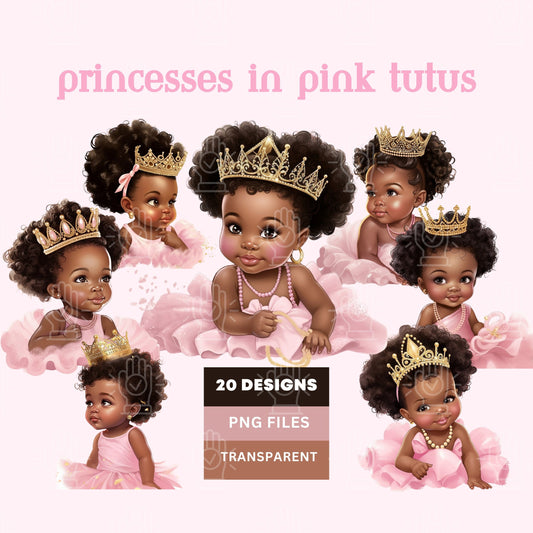 Black Baby Girl Princess in Pink Tutu Clipart, Baby Shower clipart, Little Girl with Crown, Gender Reveal, PNG bundle, Pink Theme, Afro hair